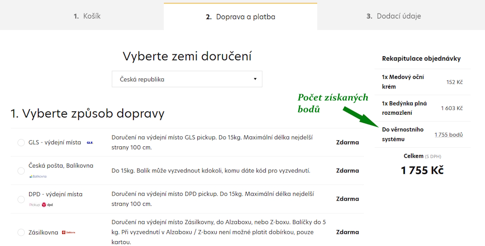 Počet získaných věrnostních bodů za nákup