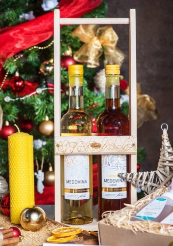 Geschenk-Flaschenhalter und Ständer aus Holz für zwei Flaschen Honigwein