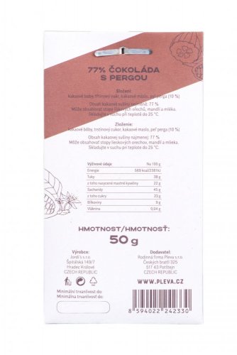 Dark chocolate with Perga pollen 77% - Weight: 50 g