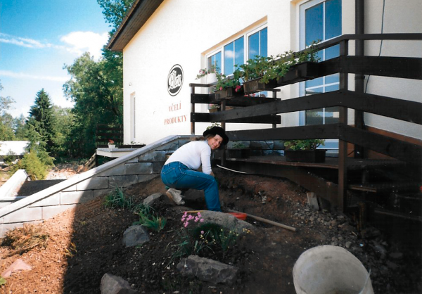 Hanka establishing a rock garden in front of the plant, 1999
