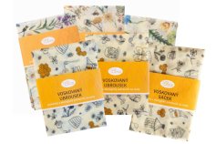 Advantageous packaging: beeswax bag and two beeswax wraps, various patterns