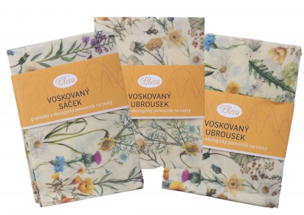 Advantageous packaging: beeswax bag and two beeswax wraps - meadow