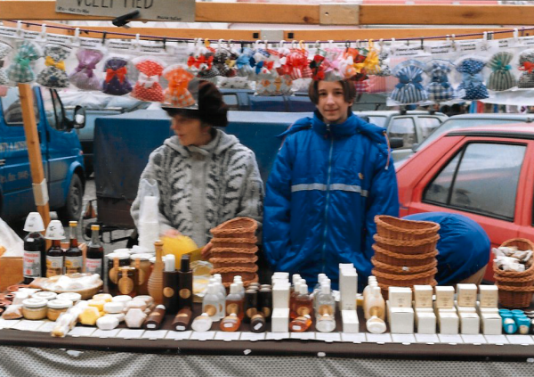 Hanka and Lukáš at the market, Havlíčkův Brod, 1998