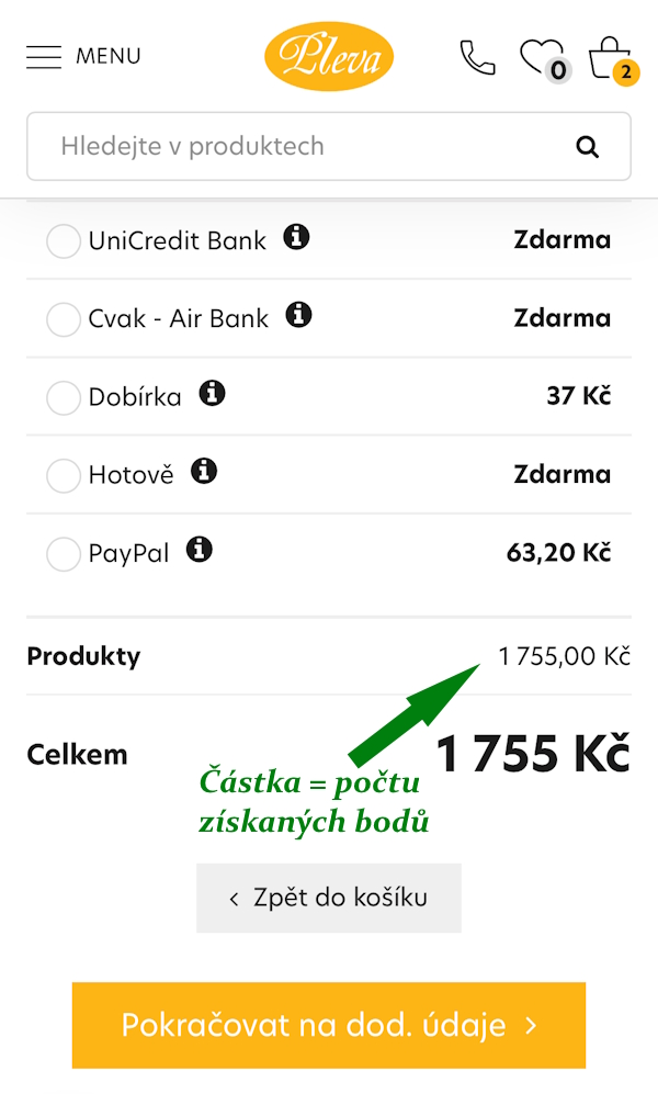 Počet získaných věrnostních bodů za nákup